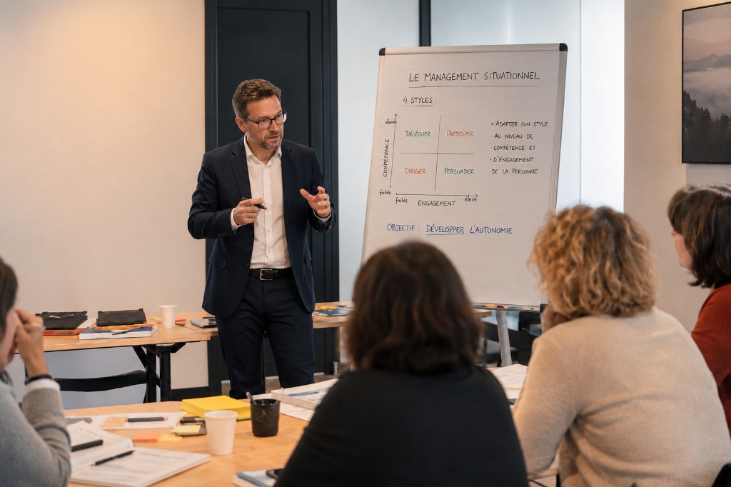Formation management situationnel en petit groupe, formateur au tableau avec stagiaires