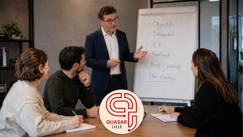 Formation management en petit groupe chez Quasar Lille, formateur au tableau avec objectifs, délégation et plan d'action