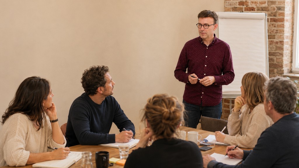 Atelier de formation et coaching en petit groupe autour d'une table, animé par un facilitateur